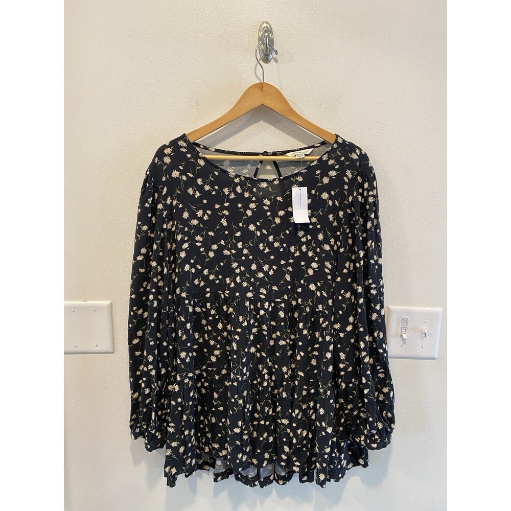 American Eagle Tiered Long Sleeve Open Back Babydoll Top Size XL Dark Floral New